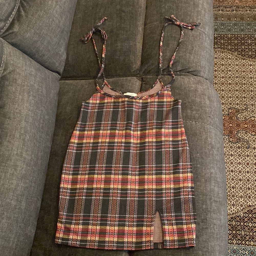 Plaid overall dress 87% Polyester, 12% Rayon, 1% Spandex